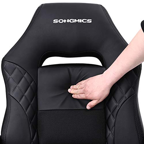 SONGMICS Silla Racing, Silla de Oficina con Mecanismo de Inclinación, Silla de Juegos, Respaldo en Forma de S, Apto para Columna Lumbar, Carga de 150 kg, Cuero Sintético, Negro OBG38BK