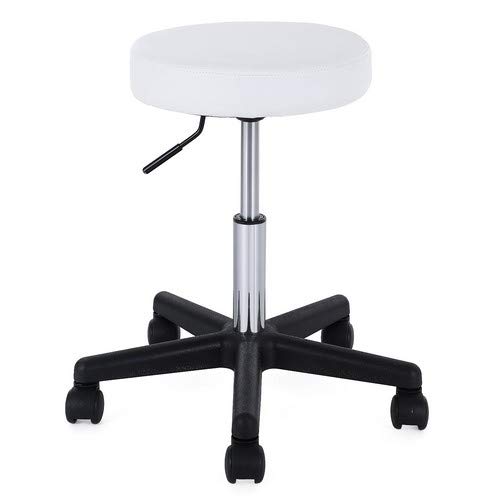 SONGMICS Taburete Giratorio sobre Ruedas, Taburete Rodante Regulable, 46-58 cm, Asiento Tapizado de Cuero Sintético, para Trabajo, Estudio, Oficina, Clínica, Blanco LJB61W