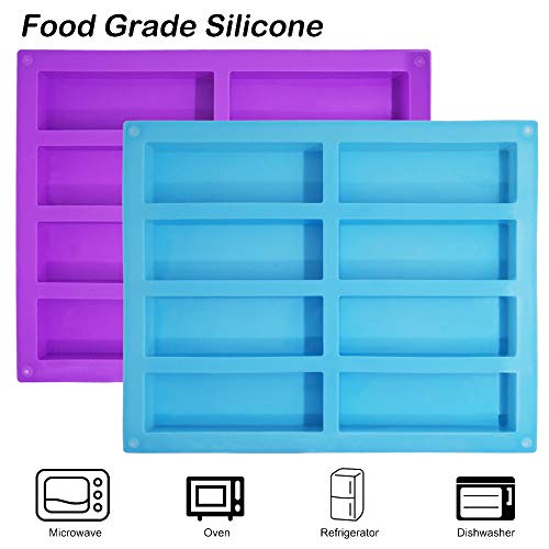 Sonku - Molde de silicona rectangular de 8 cavidades, 2 piezas, molde para hornear para trufas de chocolate, pan, brownie, pan de maíz, cheesecake, pudín, pastel, color azul y morado