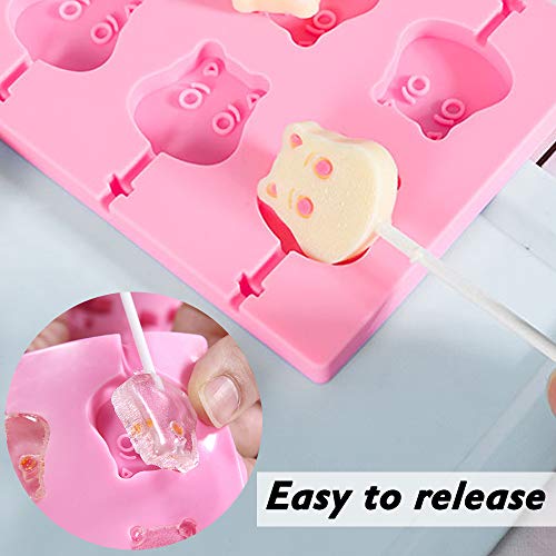 Sonku - Moldes de silicona para piruletas, 12 cavidades, diseño de huella de gato, vaca, mini oso de chocolate, con 60 ventosas, color rosa