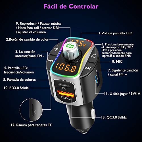 SONRU Transmisor FM Bluetooth 5.0 Coche Mechero, Manos Libres para Coche, Reproductor MP3 Adaptador con USB PD3.0 y QC3.0, SIRI/Google con Luz Colorida