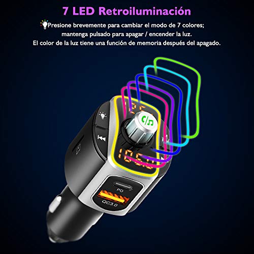 SONRU Transmisor FM Bluetooth 5.0 Coche Mechero, Manos Libres para Coche, Reproductor MP3 Adaptador con USB PD3.0 y QC3.0, SIRI/Google con Luz Colorida