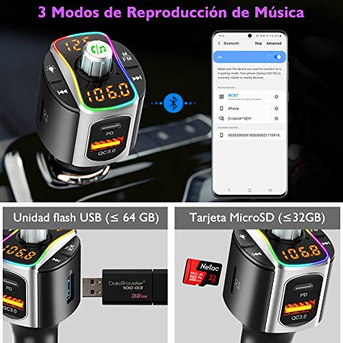 SONRU Transmisor FM Bluetooth 5.0 Coche Mechero, Manos Libres para Coche, Reproductor MP3 Adaptador con USB PD3.0 y QC3.0, SIRI/Google con Luz Colorida