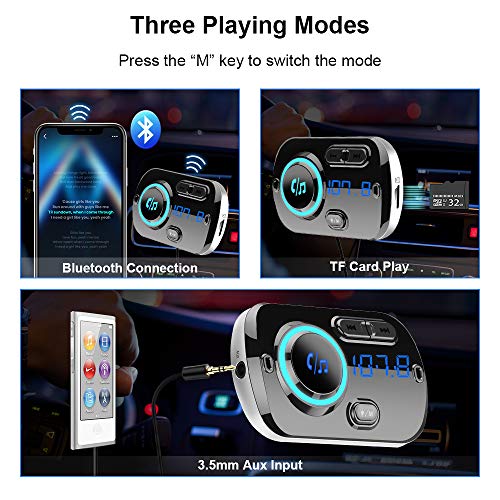 SONRU Upgrade Transmisor FM Bluetooth 5.0 Coche, Manos Libres para Vehículos, Reproductor MP3 Coche, Carga Rapida QC3.0, 2 USB Portes 5V/3A y 2.4A, Apoyo Tarjeta TF AUX, SIRI/Google con Luz Colorida