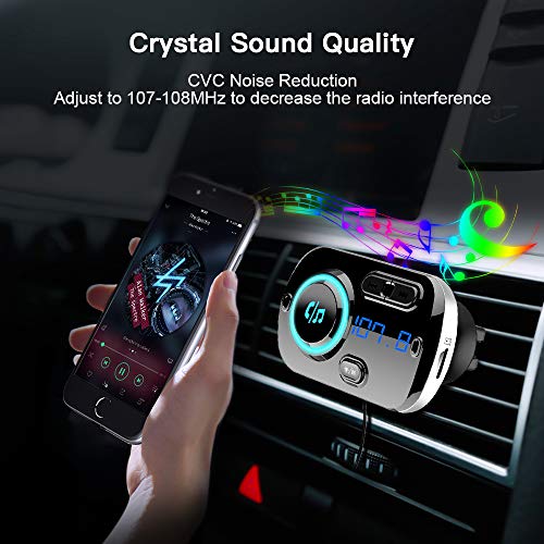 SONRU Upgrade Transmisor FM Bluetooth 5.0 Coche, Manos Libres para Vehículos, Reproductor MP3 Coche, Carga Rapida QC3.0, 2 USB Portes 5V/3A y 2.4A, Apoyo Tarjeta TF AUX, SIRI/Google con Luz Colorida