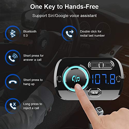 SONRU Upgrade Transmisor FM Bluetooth 5.0 Coche, Manos Libres para Vehículos, Reproductor MP3 Coche, Carga Rapida QC3.0, 2 USB Portes 5V/3A y 2.4A, Apoyo Tarjeta TF AUX, SIRI/Google con Luz Colorida