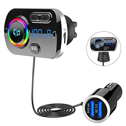 SONRU Upgrade Transmisor FM Bluetooth 5.0 Coche, Manos Libres para Vehículos, Reproductor MP3 Coche, Carga Rapida QC3.0, 2 USB Portes 5V/3A y 2.4A, Apoyo Tarjeta TF AUX, SIRI/Google con Luz Colorida