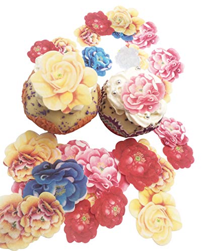 SONSMER - Juego de 30 adornos comestibles para cupcakes, diseño de peonía de boda, cumpleaños, decoración de alimentos, varios tamaños y colores