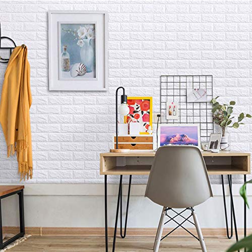 Soontrans Papel Pintado de Pared 3D Ladrillo Empapelado Pegatina Mural Autoadhesivo Decorativos Extraíble Impermeable para Hogar Cocina Salón Moderna TV Decor (77 cm x 70 cm)(10ps, Blanco)