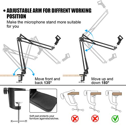 Soporte de Brazo de Micrófono, Renfox Tijera de Pluma de Suspensión Ajustable Soporte de Micrófono con Filtro Pop, Clip de Micrófono, Abrazadera de Servicio Pesado Mejorada para Blue Yeti, etc.