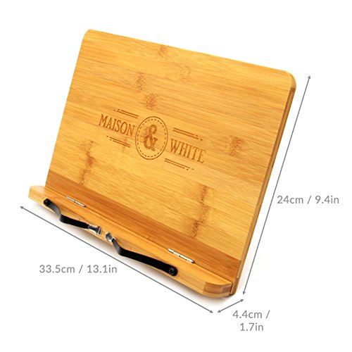 Soporte de libro de bambú | Libro de madera y tableta de descanso | Porta libros de cocina con 2 portapapeles de metal | Soporte plegable y ajustable | M&W