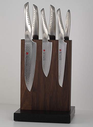 Soporte magnético para cuchillos The Wall de madera de nogal + 6 Global SAI CROMOVA 18 SANSO - Fabricado en Japón