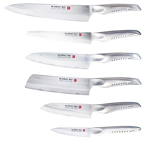 Soporte magnético para cuchillos The Wall de madera de nogal + 6 Global SAI CROMOVA 18 SANSO - Fabricado en Japón