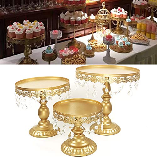 Soporte para tartas de cristal, dorado, aspecto antiguo, estilo victoriano, plato redondo de metal para postres y cupcakes, pedestal para tartas nupciales con cristales, vidrio cristal, dorado, large