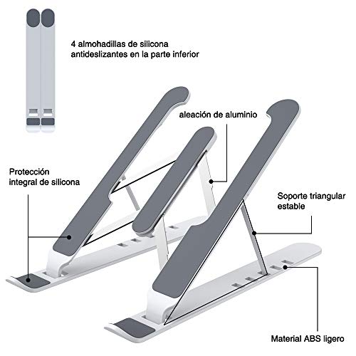 Soporte Portátil Mesa 6 Ángulos Ajustables, ABS+silicona+aleación de aluminio, Soporte Ordenador Ventilado Plegable, Laptop Stand, Ligero Soporte Mesa para Macbook DELL XPS, HP, PC y Otros 10-15.6”