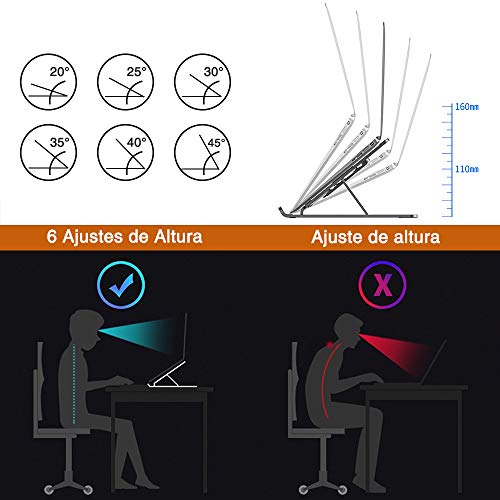 Soporte Portátil Mesa 6 Ángulos Ajustables, ABS+silicona+aleación de aluminio, Soporte Ordenador Ventilado Plegable, Laptop Stand, Ligero Soporte Mesa para Macbook DELL XPS, HP, PC y Otros 10-15.6”