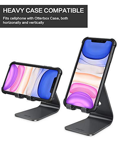 Soporte Teléfono Móvil Mesa, OMOTON Phone Stand de Aluminio y Base Estable, para iPhone 12/11/SE 2020/11Pro/XR, Redmi Note 9/8/7, Samsung y Otras Smartphones, Conveniente para Lección en Línea, Negro