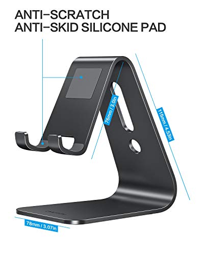 Soporte Teléfono Móvil Mesa, OMOTON Phone Stand de Aluminio y Base Estable, para iPhone 12/11/SE 2020/11Pro/XR, Redmi Note 9/8/7, Samsung y Otras Smartphones, Conveniente para Lección en Línea, Negro