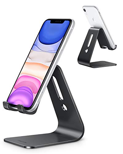 Soporte Teléfono Móvil Mesa, OMOTON Phone Stand de Aluminio y Base Estable, para iPhone 12/11/SE 2020/11Pro/XR, Redmi Note 9/8/7, Samsung y Otras Smartphones, Conveniente para Lección en Línea, Negro