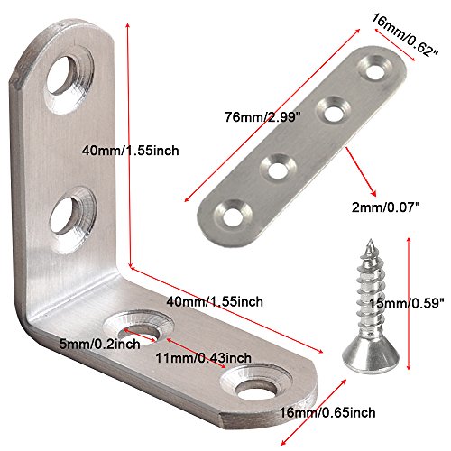 Soportes de esquina de acero inoxidable de 20 piezas, FineGood 10 piezas 40 x 40 mm Soporte en forma de L de ángulo recto de 90 grados y 4 piezas de sujetadores para silla de madera, con 80 tornillos