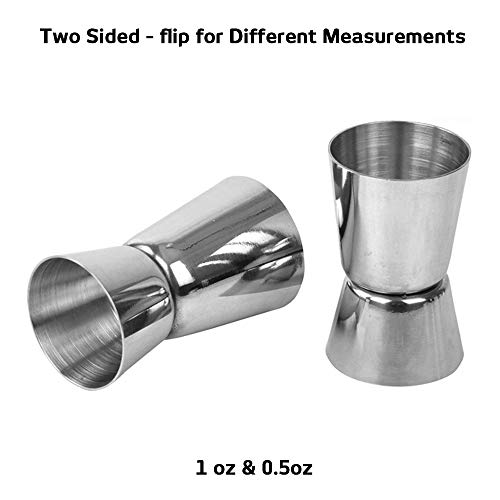 SourceTon - Medidores dobles y 3 cucharas de acero inoxidable, 0,5/1 oz Medidores de bar de cóctel y cuchara de mezcla de 25,4 cm con punta de horquilla para decorar