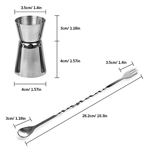 SourceTon - Medidores dobles y 3 cucharas de acero inoxidable, 0,5/1 oz Medidores de bar de cóctel y cuchara de mezcla de 25,4 cm con punta de horquilla para decorar