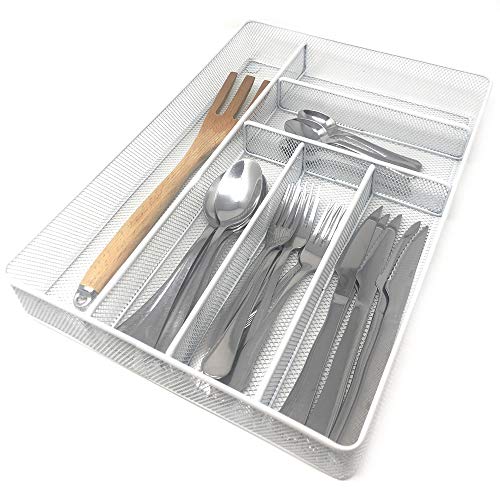 Space Home - Bandeja para Cubertería - Organizador de Cubierto - Divisor Cajones de Cocina - Rejilla - Blanco - Tamaño Grande