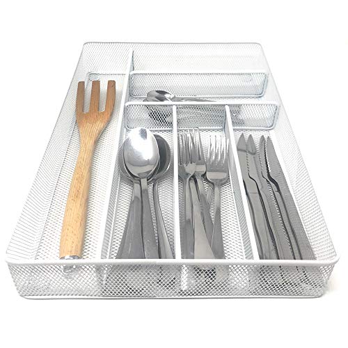 Space Home - Bandeja para Cubertería - Organizador de Cubierto - Divisor Cajones de Cocina - Rejilla - Blanco - Tamaño Grande