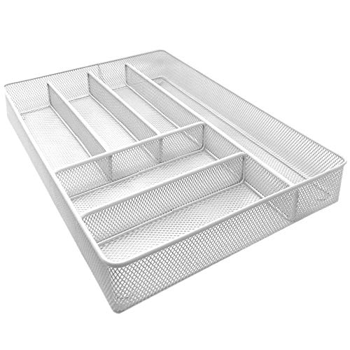 Space Home - Bandeja para Cubertería - Organizador de Cubierto - Divisor Cajones de Cocina - Rejilla - Blanco - Tamaño Grande