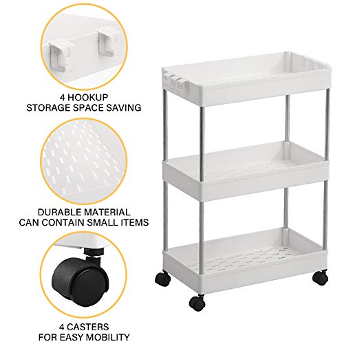 SPACEKEEPER Carro de Almacenamiento de 3 Niveles, estantería móvil, Carro de Utilidad Deslizante, Multiusos para baño, lavandería, Dormitorio, Oficina, Lugares Estrechos, Color Blanco