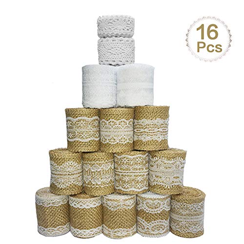 Sparta's Store 16 Rollo de cinta de arpillera de Encaje.Incluye, 12 x rollo de cinta de encaje de arpillera natural, 2 x adornos de encaje, 2 x cinta de yema!