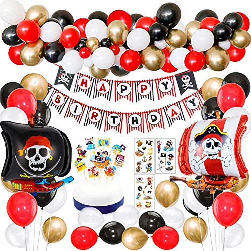 SPECOOL Decoraciones de Fiesta de cumpleaños Pirata con Pirata Tatuaje Temporal Banner Barco Pirata Globos de Barco para niños 1 ° 2 ° 3 ° 4 ° 5 ° 10 ° Suministros de cumpleaños temáticos de Piratas