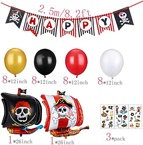 SPECOOL Decoraciones de Fiesta de cumpleaños Pirata con Pirata Tatuaje Temporal Banner Barco Pirata Globos de Barco para niños 1 ° 2 ° 3 ° 4 ° 5 ° 10 ° Suministros de cumpleaños temáticos de Piratas