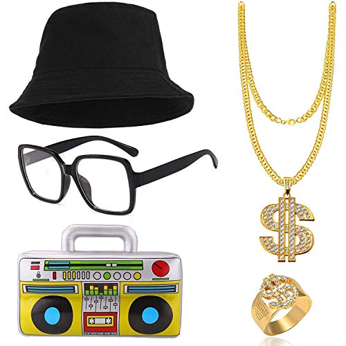 SPECOOL Kit de Disfraces de Hip Hop 90's 80's Rapero Accesorios Sombrero del Cubo Collar de Cadena de Oro con Signo de Dólar Gafas Boom Box Inflable Party Favors Decoración de Fiesta