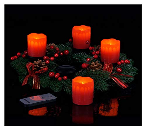 Spetebo Corona de Adviento con 4 velas LED y mando a distancia – Corona de Navidad roja con velas de cera real