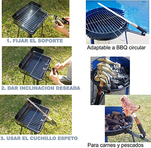 Spetera Soporte para adaptar a Barbacoa formado por Espeto y Cuchillo para Pescados (sardinas, lubina, Dorada) y Carnes espetadas