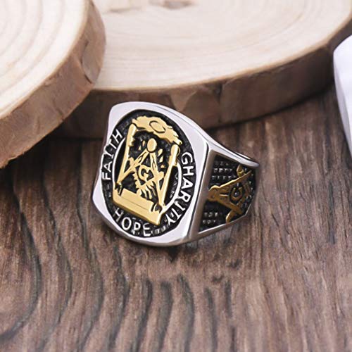 Sping Jewelry Anillo de Acero de Titanio masónico para Hombre, Cuadrado, G & pilares y Todo lo Que ve la fe del Ojo, la Esperanza de la Caridad, Freemason Master Mason Signet