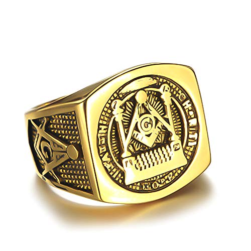 Sping Jewelry Anillos masónicos de Fatiga para Hombre, de Acero Inoxidable Chapado en Oro, con símbolo de Freemason, para Todos los Ojos, tamaño 7 – 15