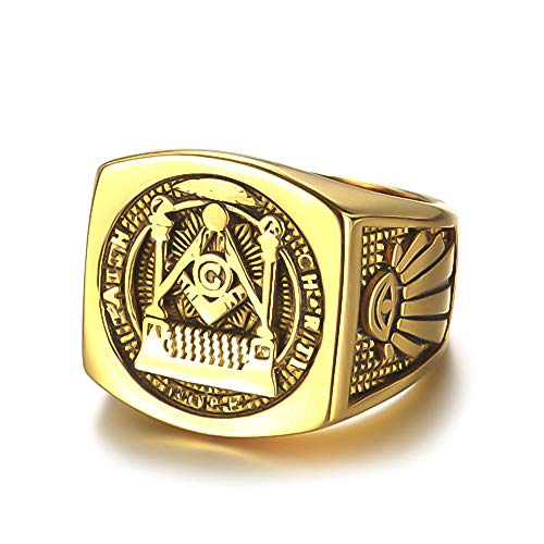 Sping Jewelry Anillos masónicos de Fatiga para Hombre, de Acero Inoxidable Chapado en Oro, con símbolo de Freemason, para Todos los Ojos, tamaño 7 – 15