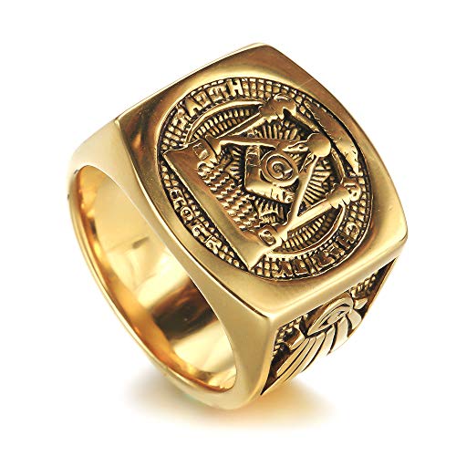 Sping Jewelry Anillos masónicos de Fatiga para Hombre, de Acero Inoxidable Chapado en Oro, con símbolo de Freemason, para Todos los Ojos, tamaño 7 – 15