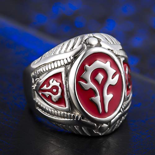 Sping Jewelry World of Warcraft Wow Horde - Anillo para Hombre, Color Rojo y Negro, con Logo de Campamento de Titanio, Acero