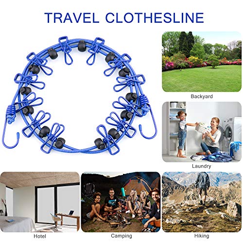 Splaks Portátil Tendedero,Elástico Ajustable Retráctil Cuerda de Ropa con 12clips,Hebillas de Posicionamiento Negro 13pcs,al Aire Libre y para Viajes de Campamento Senderismo, 2pack(Azul, Morado)