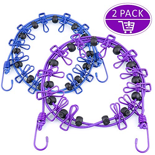 Splaks Portátil Tendedero,Elástico Ajustable Retráctil Cuerda de Ropa con 12clips,Hebillas de Posicionamiento Negro 13pcs,al Aire Libre y para Viajes de Campamento Senderismo, 2pack(Azul, Morado)