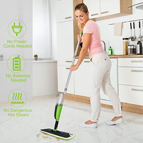 Spray Mop, Tencoz Fregona con vaporizador Integrado Limpiador de Ventanas y Escoba Barredora de Empuje Manual con Almohadilla de Microfibra Reutilizable Aplicable en Seco y Húmedo Limpieza(300ml)