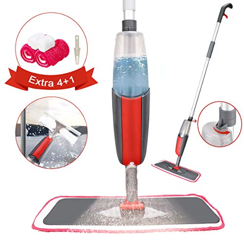 Spray Mop, Tencoz Fregona con Vaporizador, Mopa Fregona con 4 La Almohadilla de Microfibra y 1 Rasqueta de Ducha, Mopa Spray Rotación de 360°, Capacidad de 300 ml, Azul