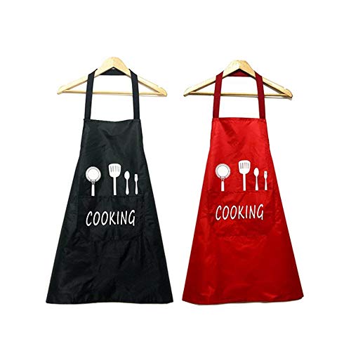 Sprießen 2pcs Unisex Chefs Delantal de Cocina Impermeable con Bolsillos Delantales para Cocinar Restaurante Trabajar Bar BBQ Jardinería Artesanía Hornear (Negro + Rojo)