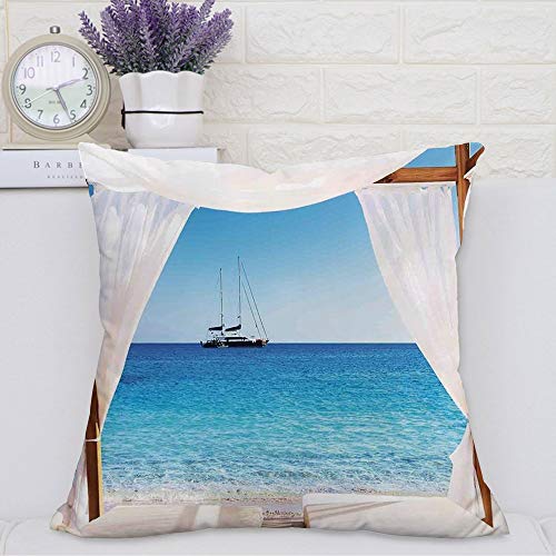 Square Soft and Cozy Pillow Covers,Decoración balinesa, playa a través de una cama balinesa Sol de verano Cielo despejado Luna de ,Funda para Decorar Sofá Dormitorio Decoración Funda de almohada.