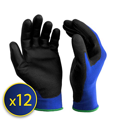 S&R 12 Guantes de Trabajo en fibra de Nylon con recubrimiento de PU - 12 pares. Talla L/9