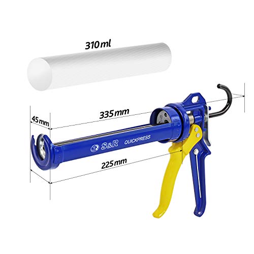 S&R Pistola de silicona profesional para cartuchos de hasta 310 ml. Marco giratorio de acero. Relación de empuje 18:1, Calidad Profesional