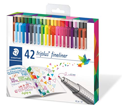 STAEDTLER 334 C42, Rotuladores de colores brillantes de punta fina multicolor Triplus Fineliner, Punta revestida de metal, ergonómico, lavable, Pack de 42 marcadores